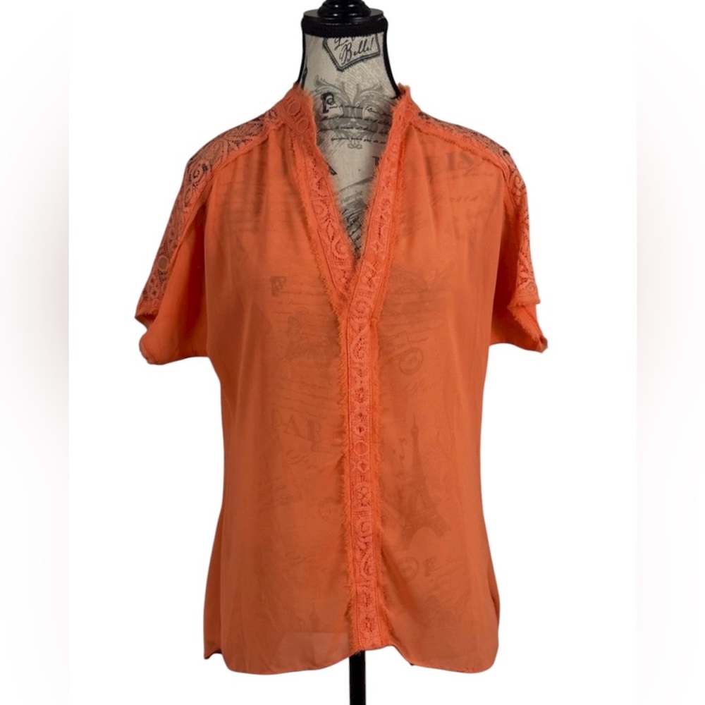 BKE Red Sheer Chic Coral Lace Accent Blouse w split up Backside size Large